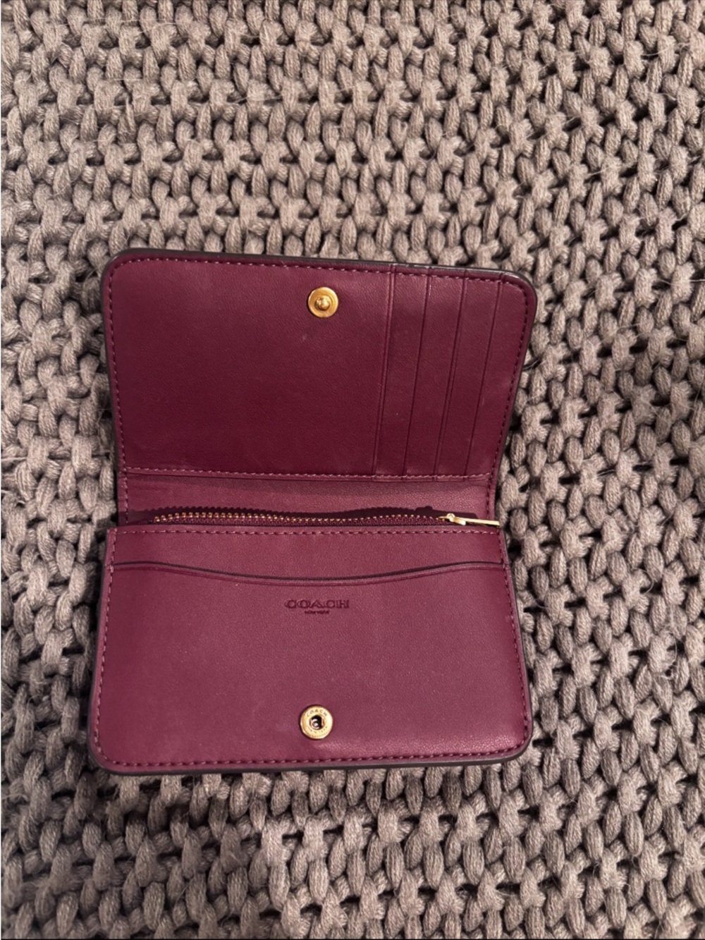 Coach Maroon Leather Card Holder with Gold 'C' Accent - Picture 3 of 3